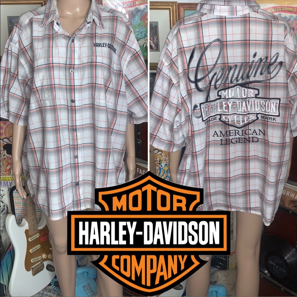 Mens 2XL XXL Harley Davidson motorcycles embroidered plaid button up shirt top